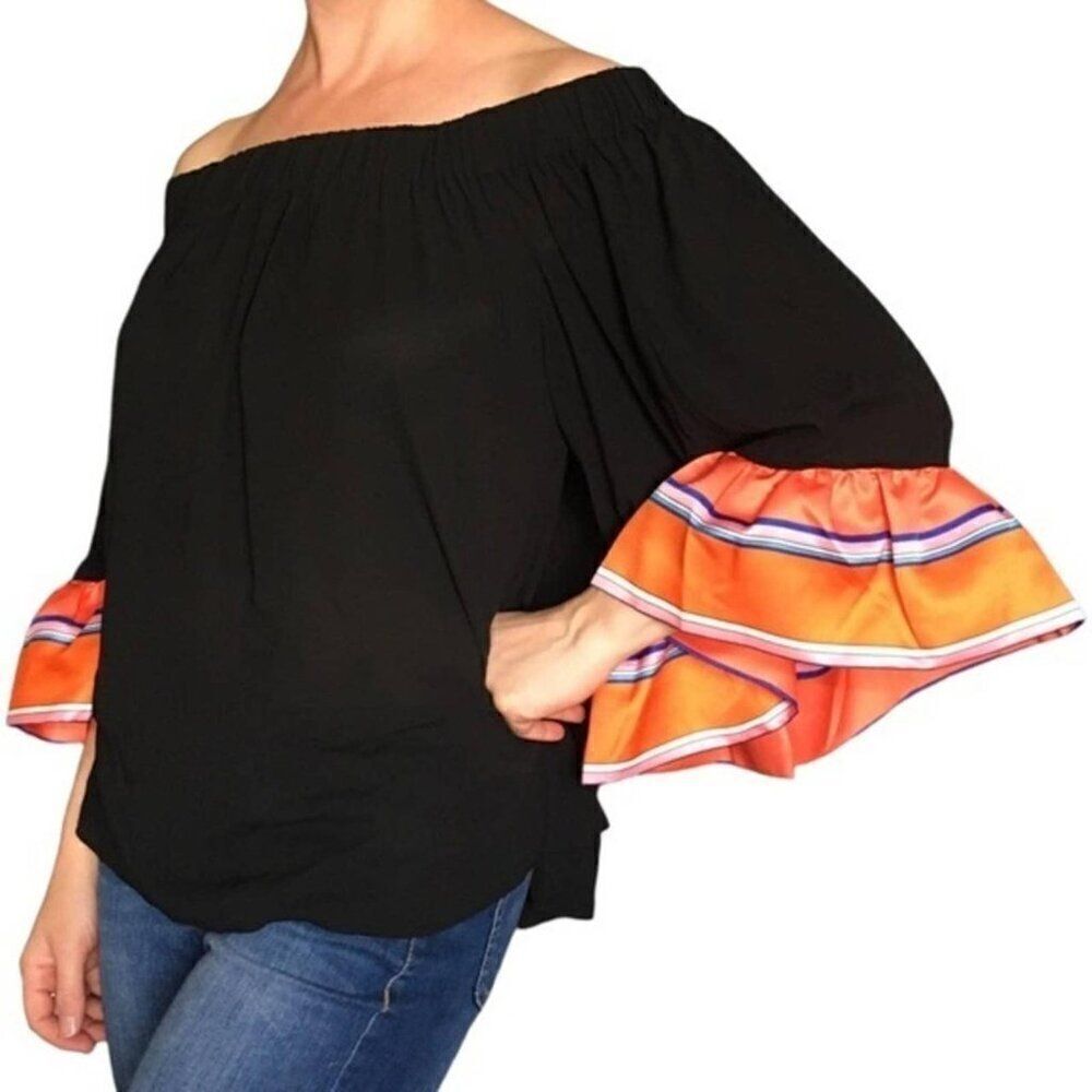 SOFT SURROUNDINGS Women's Soledad Off-Shoulder Flounce Sleeve Top Black Medium